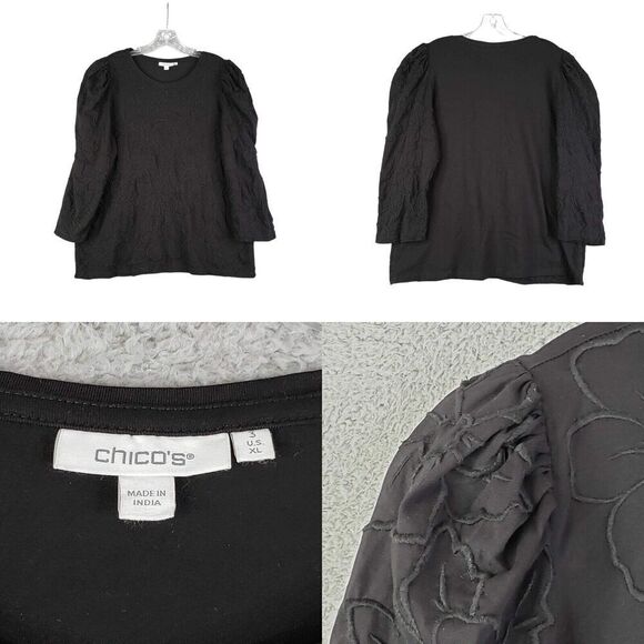 Chicos Sweatshirt Pullover Size 3 US XL Black Floral Puff LS Stretch Knit - Picture 1 of 9